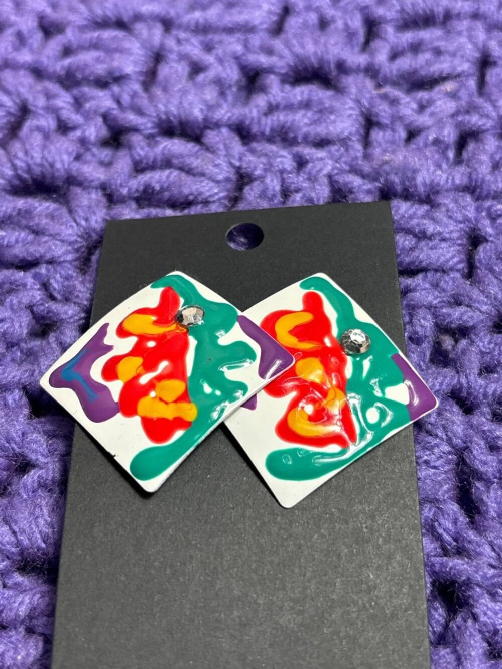 Vintage 80s Abstract Metal Square Stud Earrings Colorful Enamel Clear Rhinestone